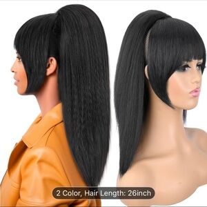 Black High Ponytail Clip-In Hair Extension with Straight Bangs - Women Hair